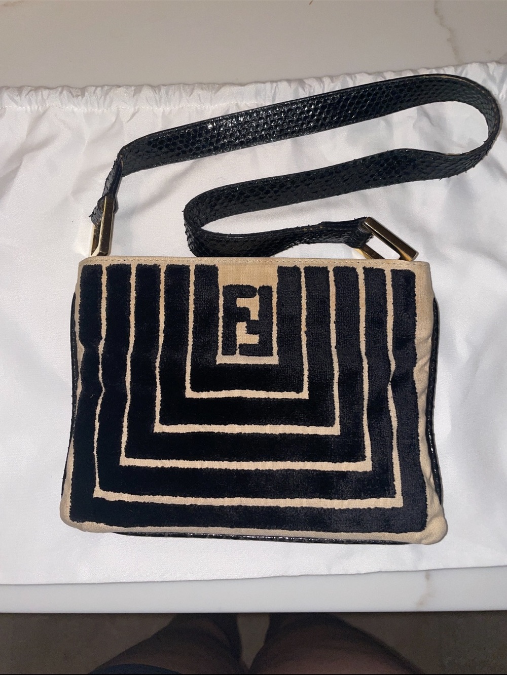 RARE 1970s Fendi Black & Beige Velvet Logo shoulder bag